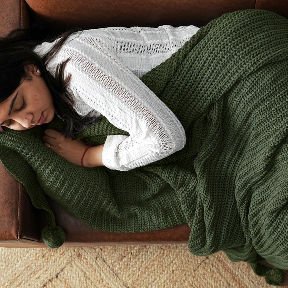 Paudha’s Exquisite All-Season Breathable 100% Cotton Knitted Sofa Throw – Earth Olive