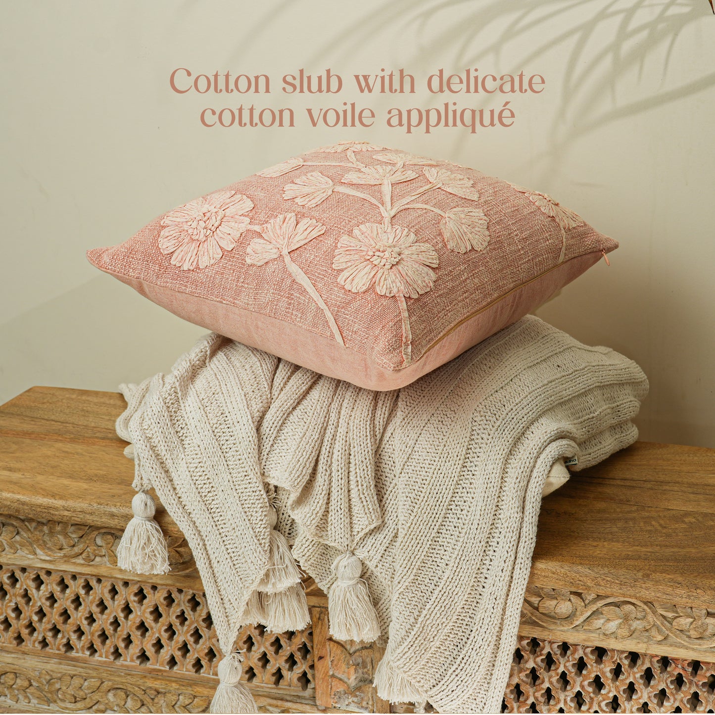 Paudha’s Handcrafted Appliqued Cotton Cushion Cover – Dusty Blossom