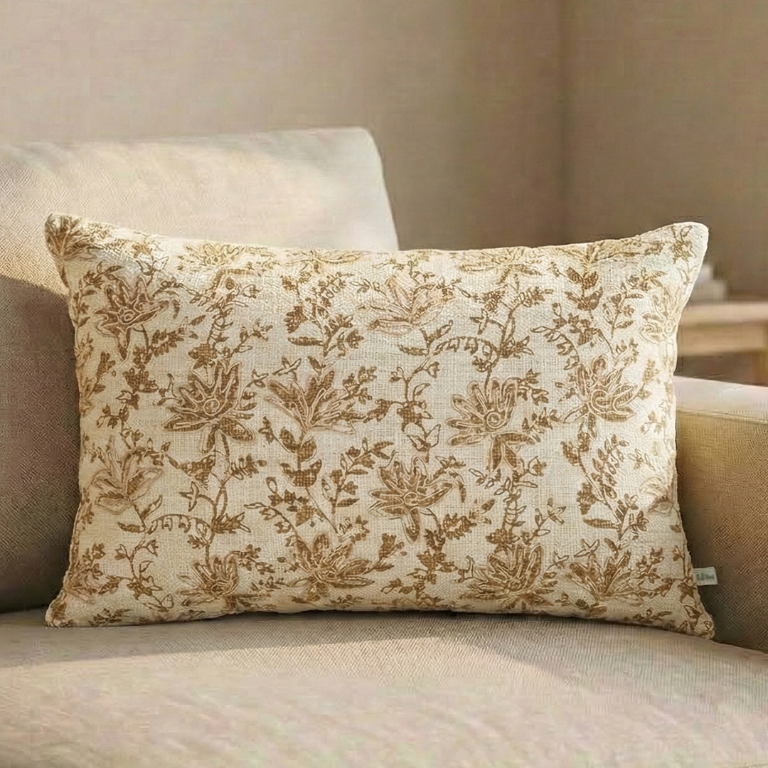 Paudha’s Handcrafted Embroidered Cotton Rectangular Cushion Cover – Bronze Vine