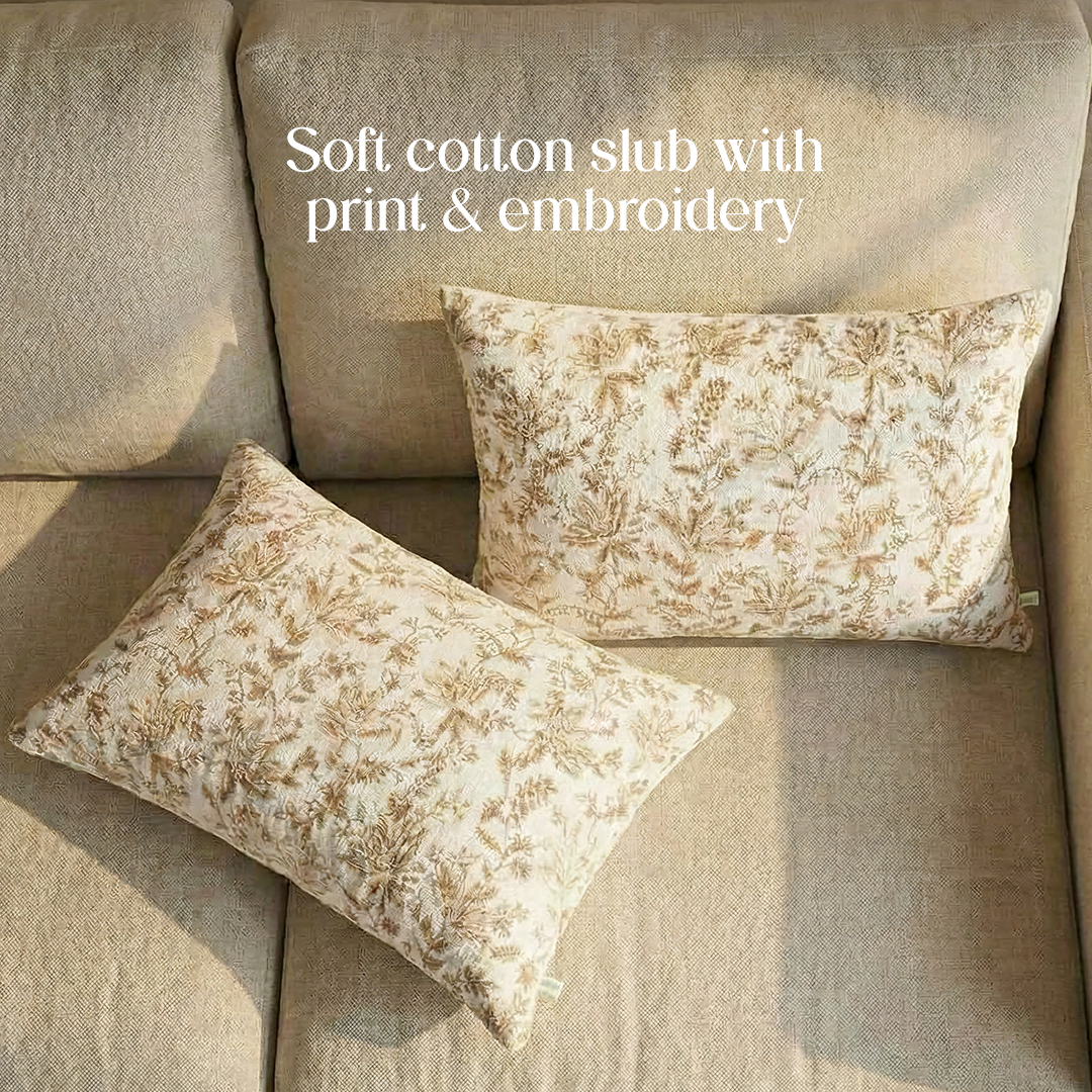 Paudha’s Handcrafted Embroidered Cotton Rectangular Cushion Cover – Bronze Vine