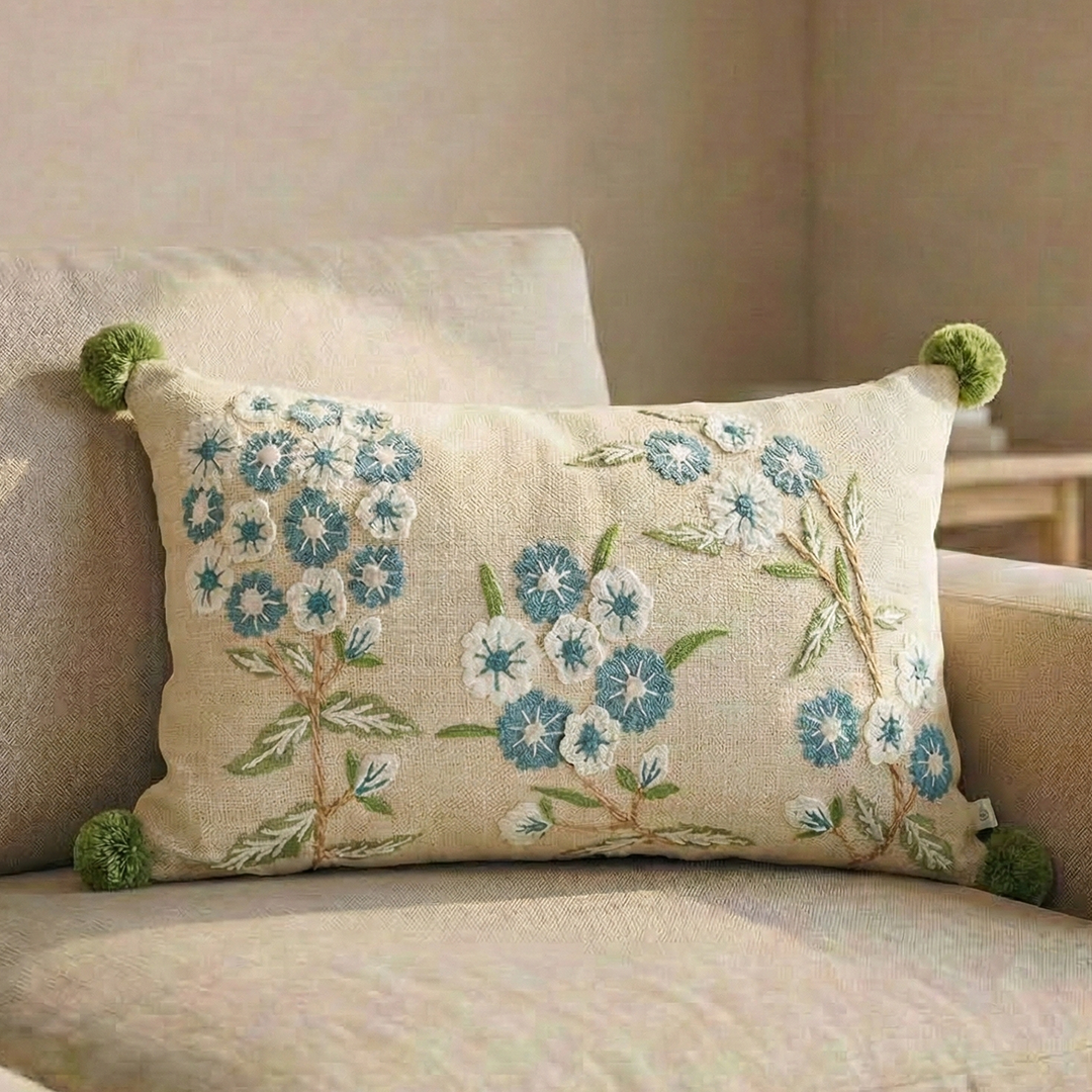 Paudha’s Handcrafted Embroidered Cotton Rectangular Cushion Cover – Pompom Pastures
