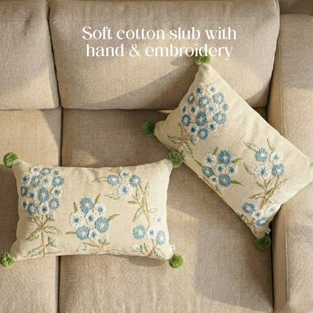 Paudha’s Handcrafted Embroidered Cotton Rectangular Cushion Cover – Pompom Pastures