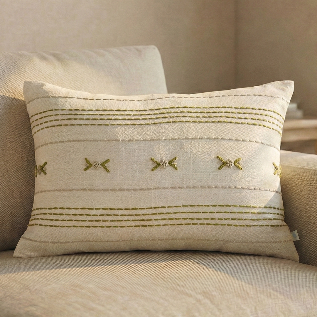 Paudha’s Handcrafted Embroidered Cotton Cushion Cover – Fern Stitch