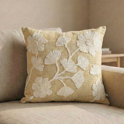 Paudha’s Handcrafted Appliqued Cotton Cushion Cover – Vanilla Fleur
