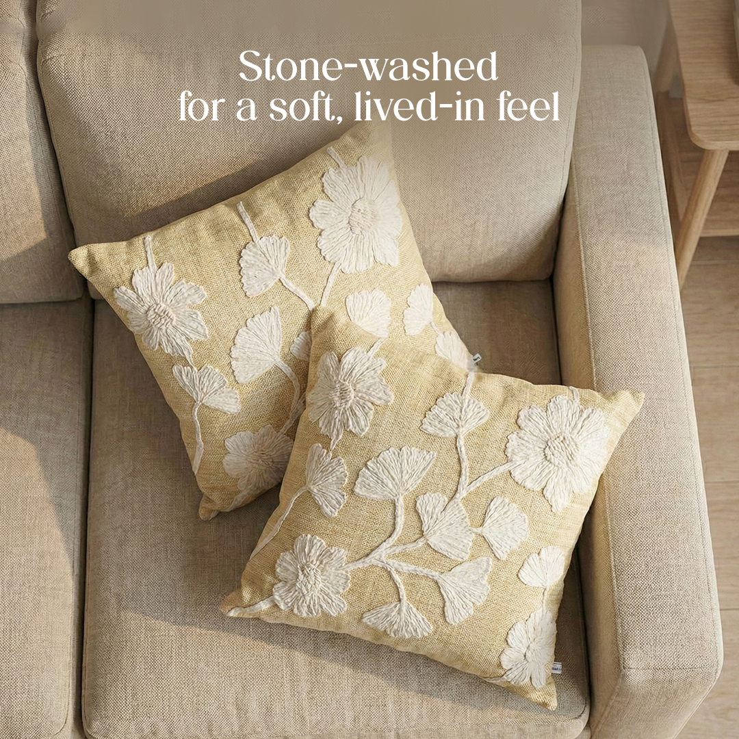 Paudha’s Handcrafted Appliqued Cotton Cushion Cover – Vanilla Fleur