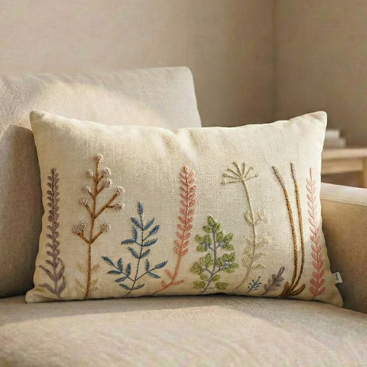 Paudha’s Handcrafted Embroidered Cotton Rectangular Cushion Cover – Ivory Twig