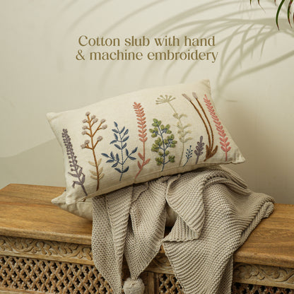 Paudha’s Handcrafted Embroidered Cotton Rectangular Cushion Cover – Ivory Twig