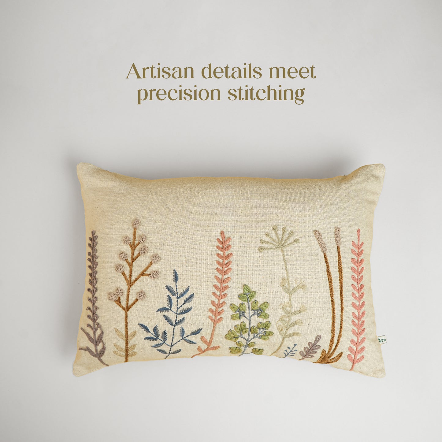 Paudha’s Handcrafted Embroidered Cotton Rectangular Cushion Cover – Ivory Twig