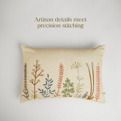 Paudha’s Handcrafted Embroidered Cotton Rectangular Cushion Cover – Ivory Twig