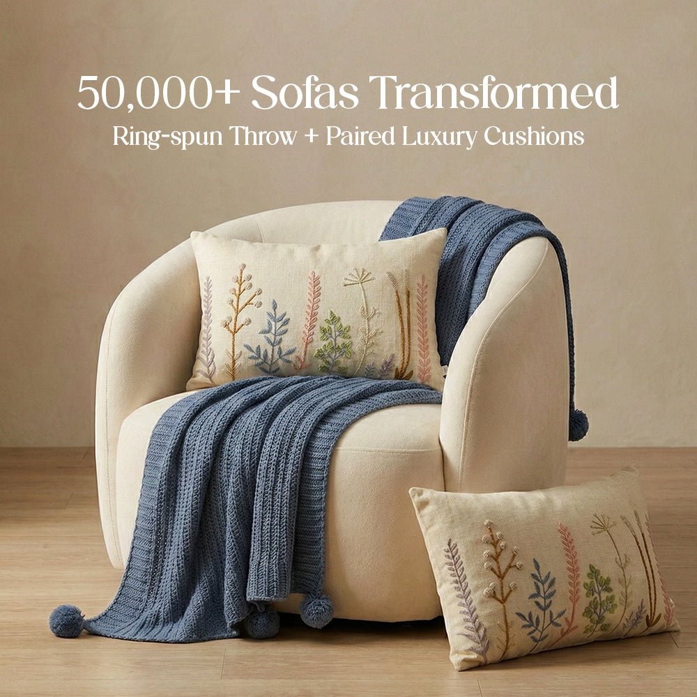 Luxury Sofa Makeover Set | Knitted Sofa Throw paired with Cushions - Twilight Slate - Set of 2