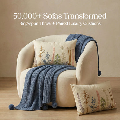 Luxury Sofa Makeover Set | Knitted Sofa Throw paired with Cushions - Twilight Slate - Set of 2