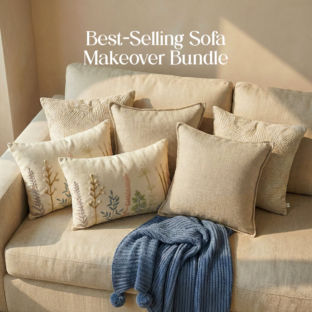 Luxury Sofa Makeover Sets | Knitted Sofa Throw & Paired Cushions - Twilight Slate - Set of 6