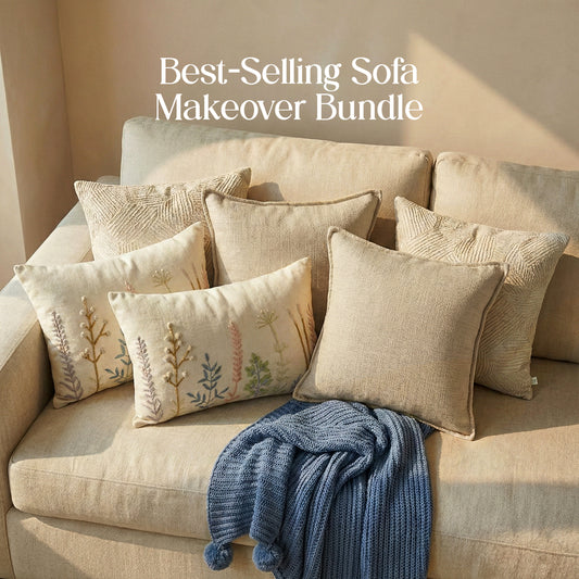 Luxury Sofa Makeover Sets | Knitted Sofa Throw & Paired Cushions - Twilight Slate - Set of 6
