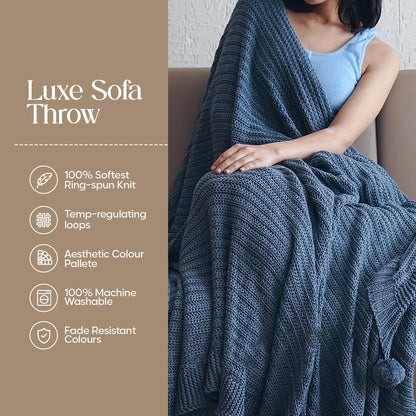 Luxury Sofa Makeover Sets | Knitted Sofa Throw & Paired Cushions - Twilight Slate - Set of 4
