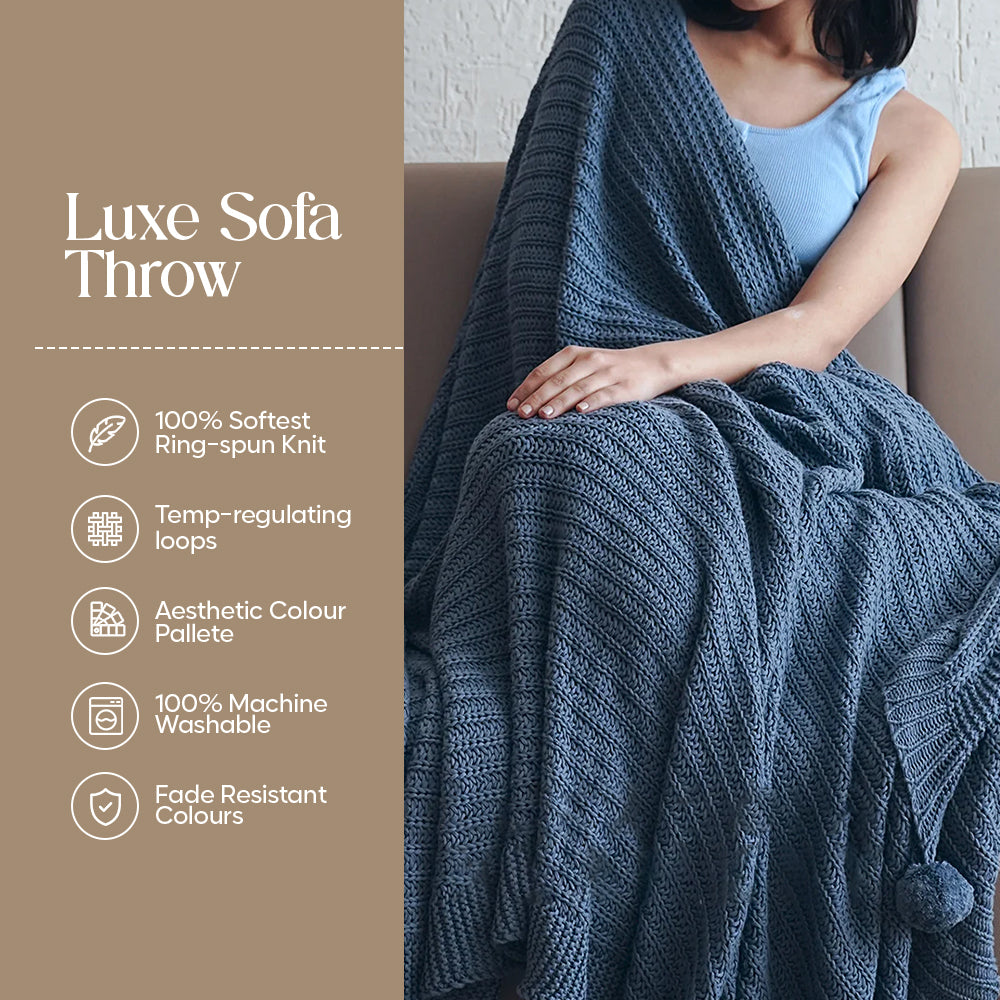 Luxury Sofa Makeover Sets | Knitted Sofa Throw & Paired Cushions - Twilight Slate - Set of 6