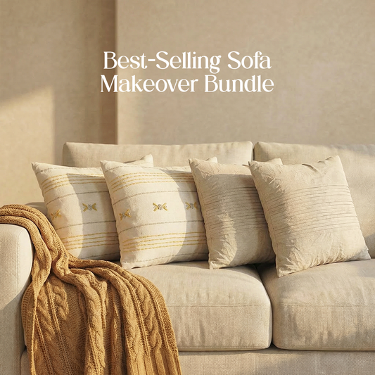 Luxury Sofa Makeover Set | Knitted Sofa Throw paired with Cushions - Desert Sun - Set of 4