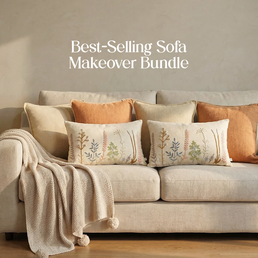 Luxury Sofa Makeover Set | Knitted Sofa Throw paired with Cushions - Celestial White - Set of 6