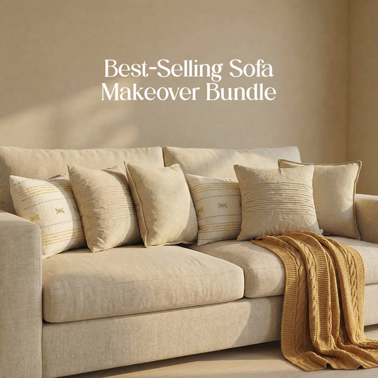 Luxury Sofa Makeover Set | Knitted Sofa Throw paired with Cushions - Desert Sun - Set of 6
