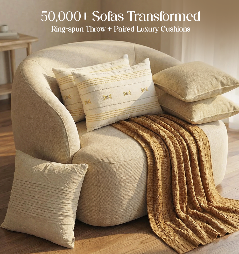 Luxury Sofa Makeover Set | Desert Sun Knitted Sofa Throw paired with Cushions - Set of 6