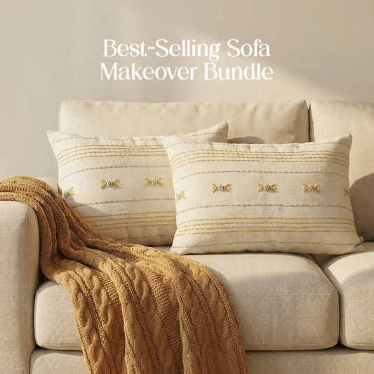 Luxury Sofa Makeover Set | Knitted Sofa Throw paired with Cushions - Desert Sun - Set of 2