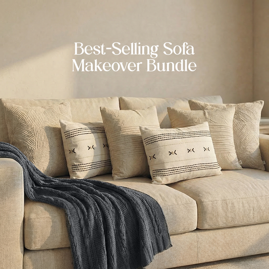 Luxury Sofa Makeover Set | Knitted Sofa Throw paired with Cushions - Frosted Granite - Set of 6