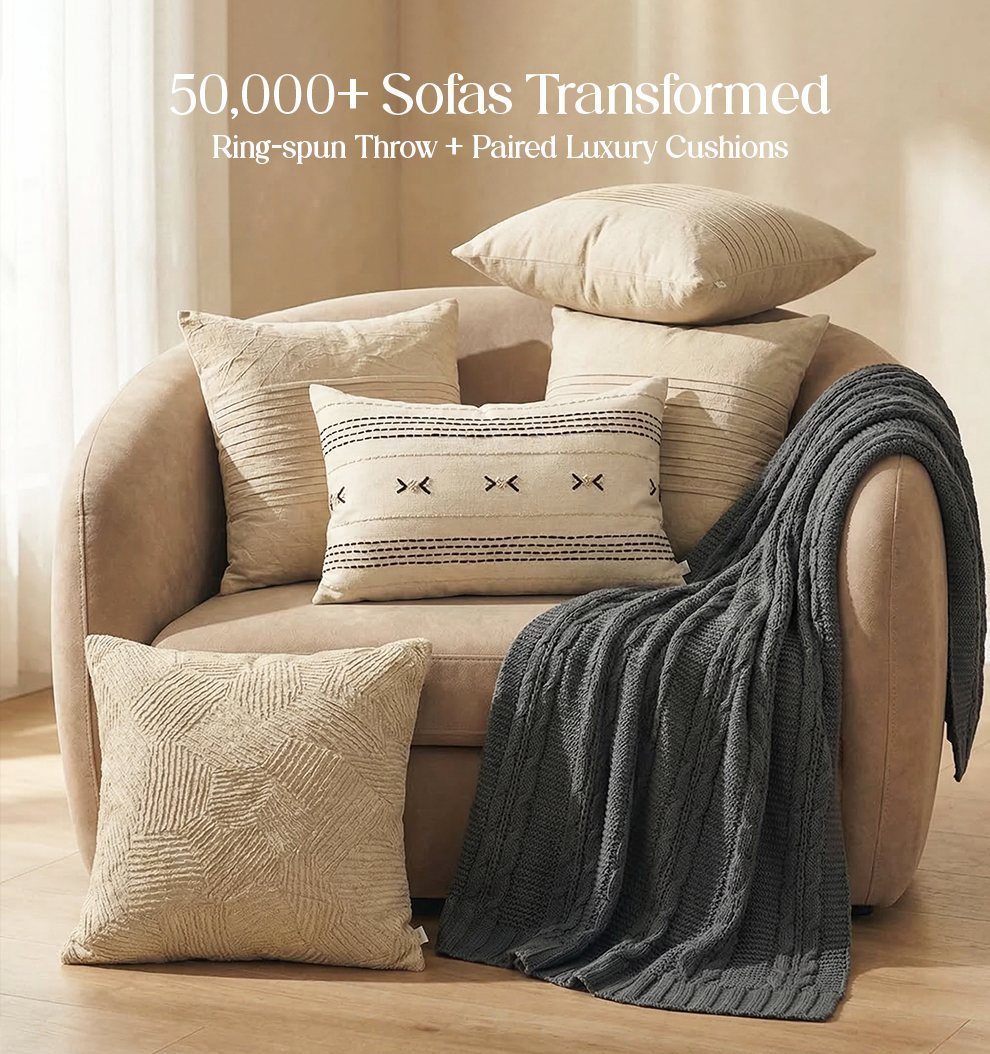 Luxury Sofa Makeover Set | Frosted Granite Knitted Sofa Throw paired with Cushions - Set of 6