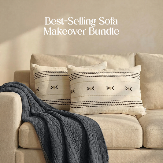 Luxury Sofa Makeover Set | Knitted Sofa Throw paired with Cushions - Frosted Granite - Set of 2