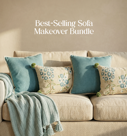 Luxury Sofa Makeover Set | Glacial Blue Knitted Sofa Throw paired with Cushions - Set of 4