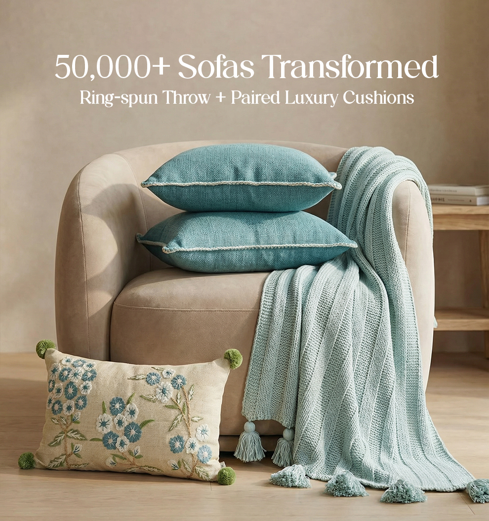 Luxury Sofa Makeover Set | Glacial Blue Knitted Sofa Throw paired with Cushions - Set of 4