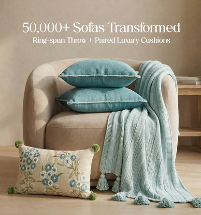 Luxury Sofa Makeover Set | Glacial Blue Knitted Sofa Throw paired with Cushions - Set of 4