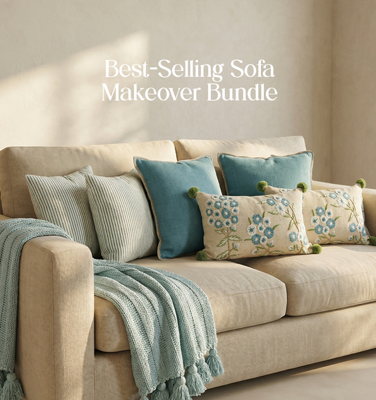 Luxury Sofa Makeover Set | Glacial Blue Knitted Sofa Throw paired with Cushions - Set of 6
