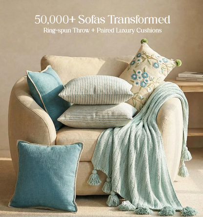 Luxury Sofa Makeover Set | Glacial Blue Knitted Sofa Throw paired with Cushions - Set of 6