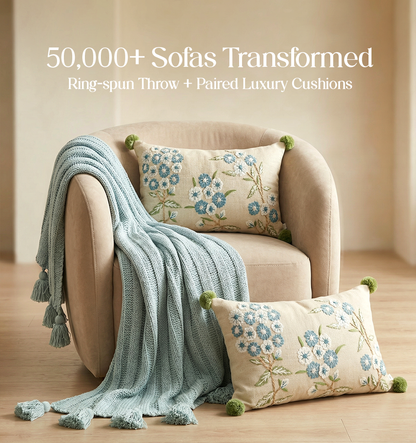 Luxury Sofa Makeover Set | Glacial Blue Knitted Sofa Throw paired with Cushions - Set of 2
