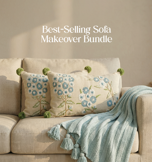 Luxury Sofa Makeover Set | Glacial Blue Knitted Sofa Throw paired with Cushions - Set of 2