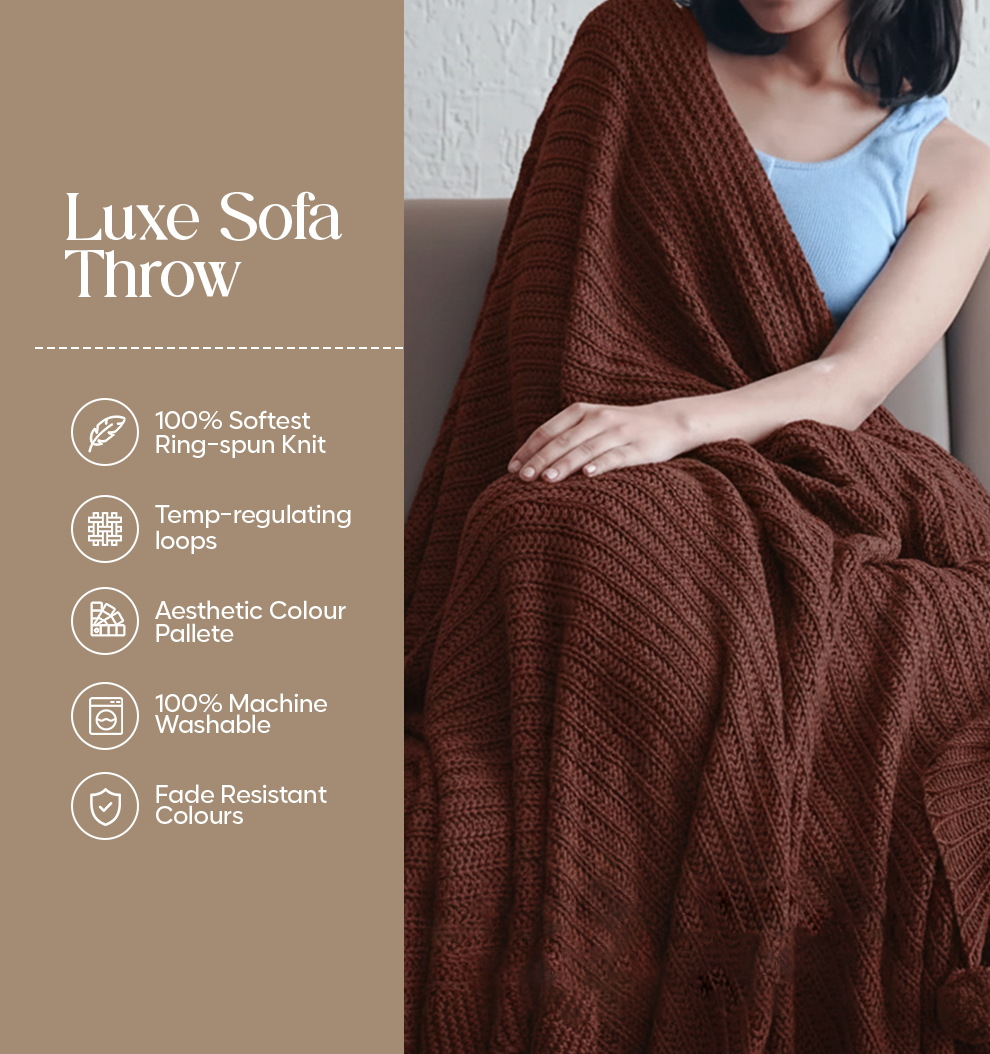Luxury Sofa Makeover Set | Deep Mahogany Knitted Sofa Throw paired with Cushions - Set of 2