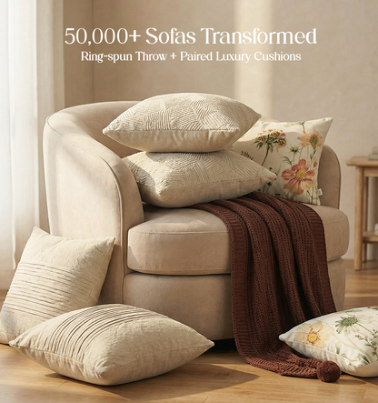 Luxury Sofa Makeover Set | Deep Mahogany Knitted Sofa Throw paired with Cushions - Set of 6