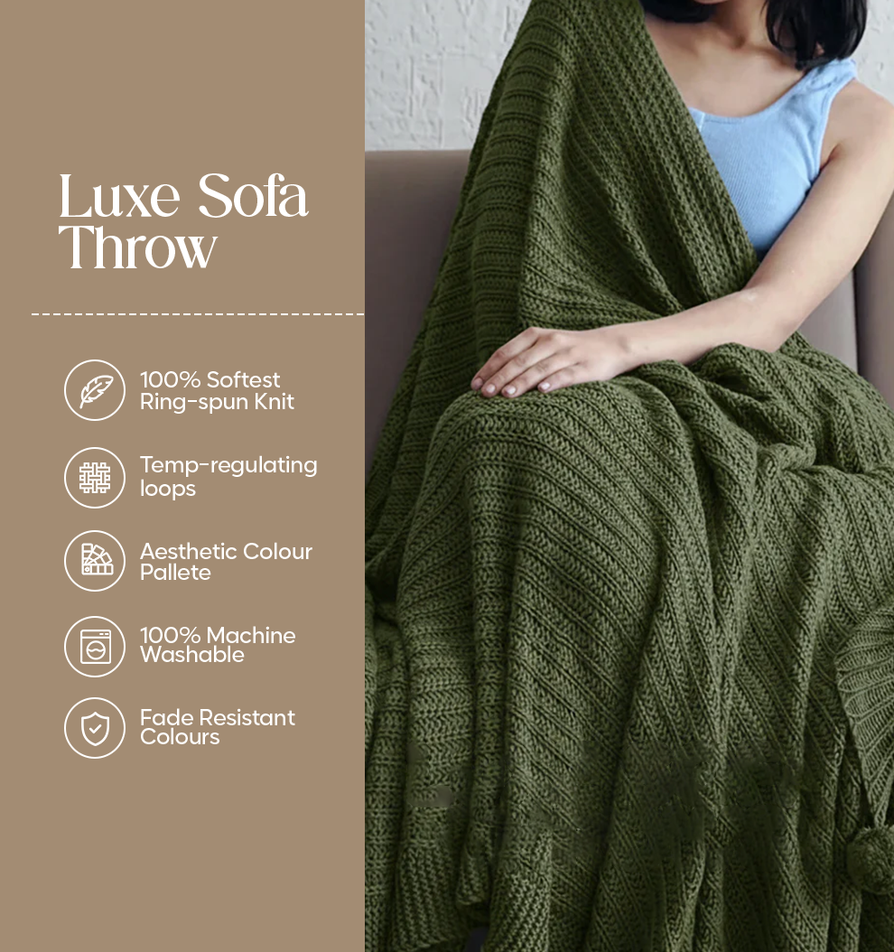 Luxury Sofa Makeover Set | Earth Olive Knitted Sofa Throw paired with Cushions - Set of 2