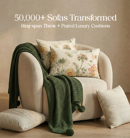 Luxury Sofa Makeover Set | Earth Olive Knitted Sofa Throw paired with Cushions - Set of 4