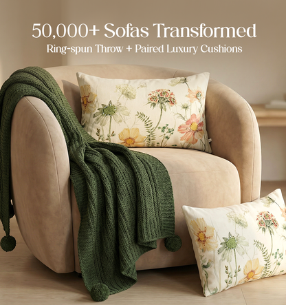 Luxury Sofa Makeover Set | Earth Olive Knitted Sofa Throw paired with Cushions - Set of 2