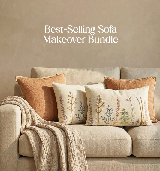 Luxury Sofa Makeover Set | Nude Meadow Knitted Sofa Throw paired with Cushions - Set of 4