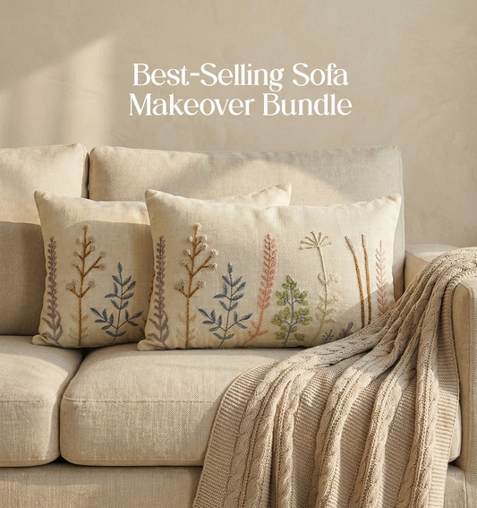 Luxury Sofa Makeover Set | Nude Meadow Knitted Sofa Throw paired with Cushions - Set of 2