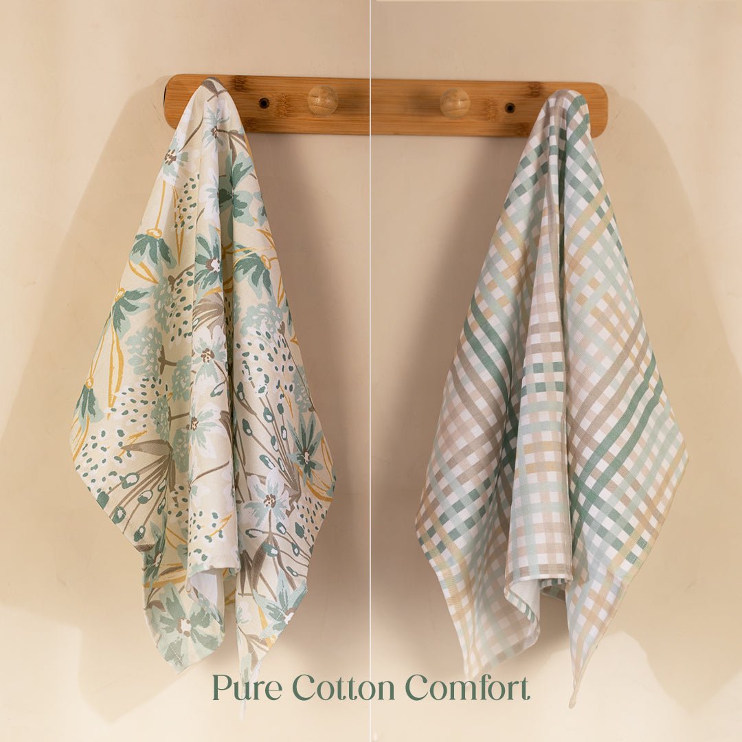 Paudha’s Signature Cotton Kitchen Towel Set with Plaid– Forest Mist - Set of 2