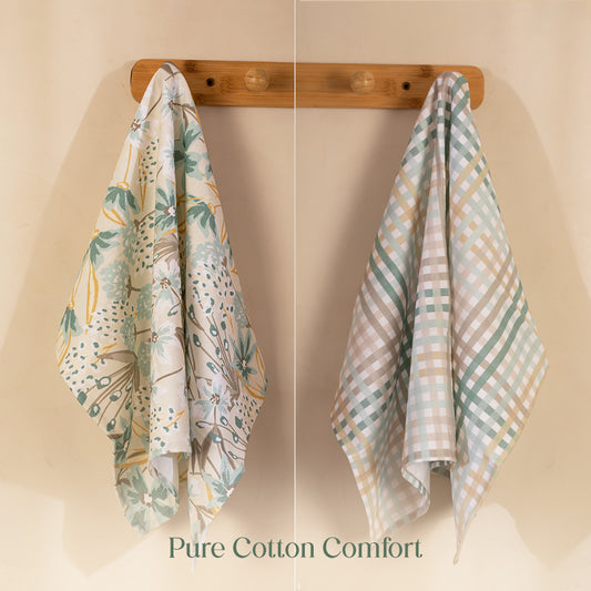Paudha’s Signature Cotton Kitchen Towel Set with Plaid– Forest Mist - Set of 2