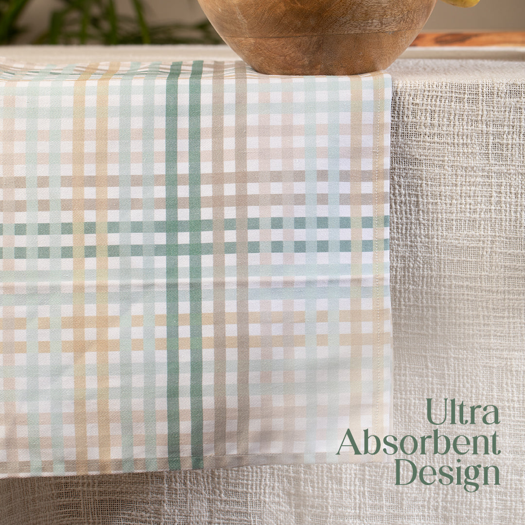 Paudha’s Signature Cotton Kitchen Towel Set with Plaid– Forest Mist - Set of 2