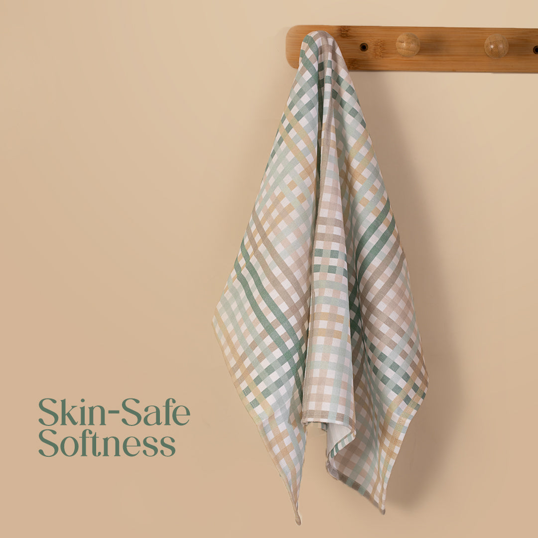 Paudha’s Signature Cotton Kitchen Towel Set with Plaid– Forest Mist - Set of 2