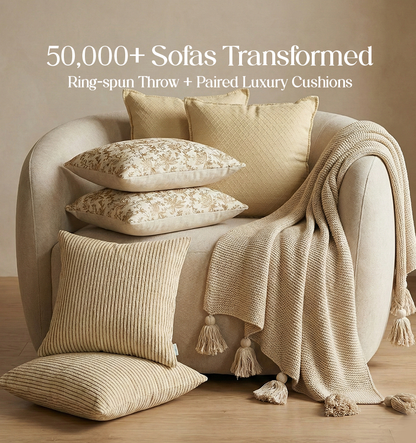 Luxury Sofa Makeover Set | Ivory Cloud Knitted Sofa Throw paired with Cushions - Set of 6
