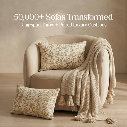 Luxury Sofa Makeover Set | Knitted Sofa Throw paired with Cushions - Ivory Cloud - Set of 2