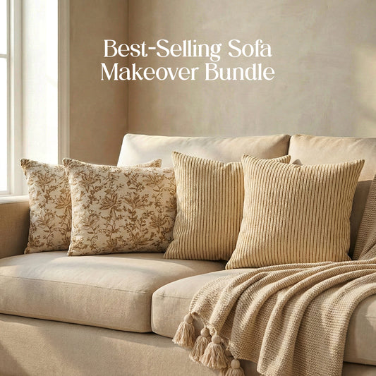 Luxury Sofa Makeover Set | Knitted Sofa Throw paired with Cushions - Ivory Cloud - Set of 4