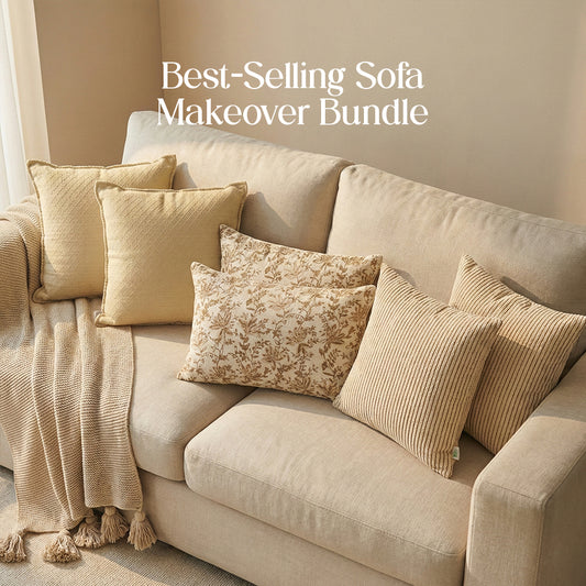 Luxury Sofa Makeover Set | Knitted Sofa Throw paired with Cushions - Ivory Cloud - Set of 6