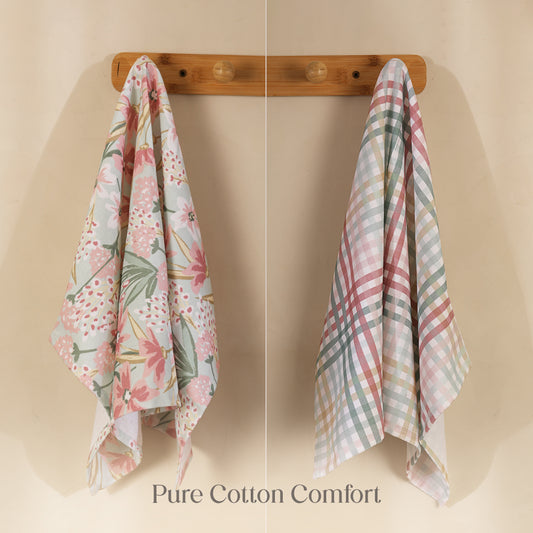 Paudha’s Signature Cotton Kitchen Towel Set with Plaid – Pink Sprout - Set of 2